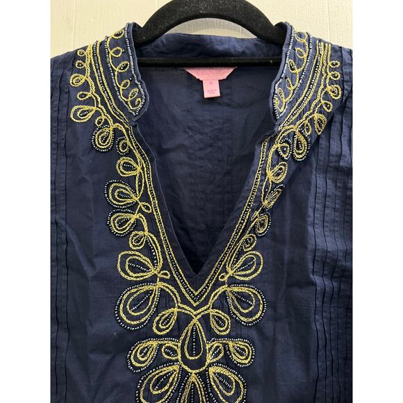 Lilly Pulitzer Pintuck Navy and Gold Beaded Tunic Size Medium - Picture 3 of 5